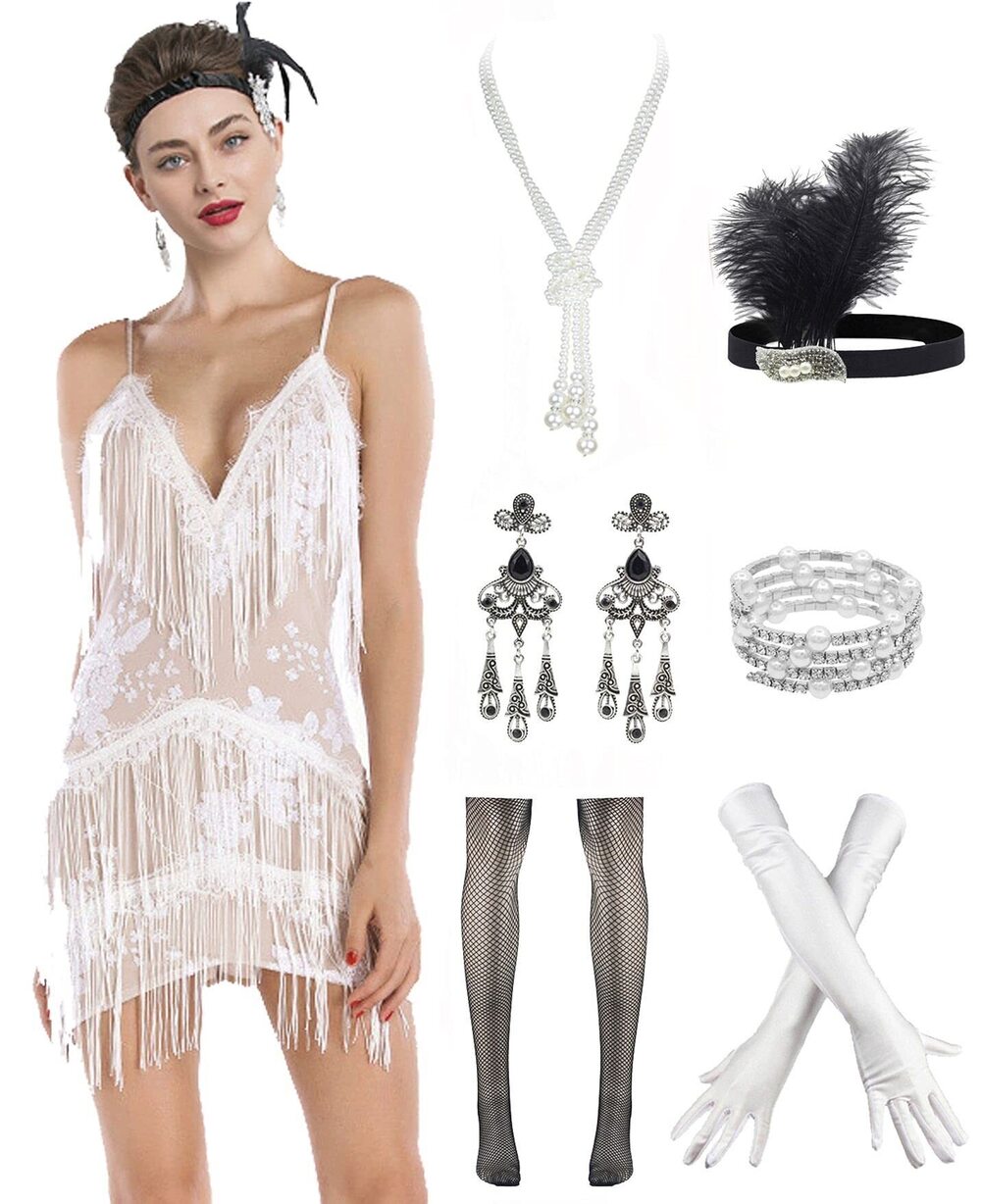 2524 1920s Gatsby Sleeve Sequin Fringed Paisley 20s Costume Cocktail